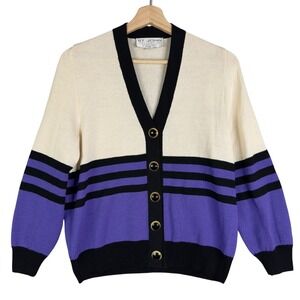 ST. JOHN Sweater Cardigan White Blue Striped Sz 2‎ Santana Knit Wool Gold Button